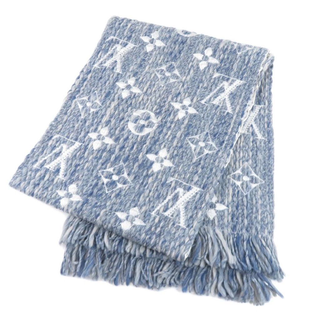 Auth Louis Vuitton Monogram Denim Blue Escharpe Logomania Scarf Muffler Stole